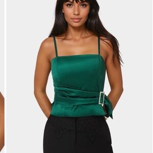 bebe Emerald Satin Square-Neck Cami with Rhinestone Buckle Wrap
